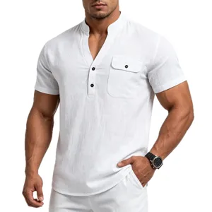 Heren Casual Linnen Henley Shirt Korte Mouw Zomer Losse Pasvorm Effen Kleur Met Zak