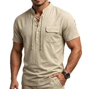Men summer short sleeve linen henley shirt casual solid color breathable top with pocket