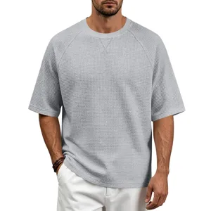 Men's Grey Waffle Knit Raglan Short Sleeve T-Shirt Casual Summer Crewneck Top Grey