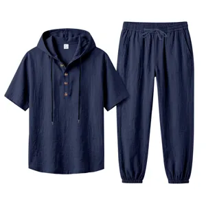 Men's casual linen hooded short sleeve shirt and long pants set for summer beach wear.