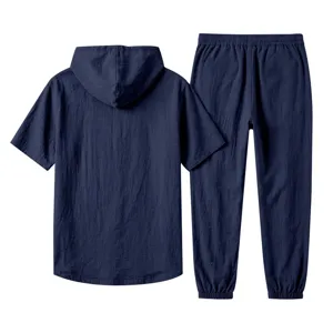 Men solid color short sleeve hooded top and trousers set breathable summer casual beach outfit