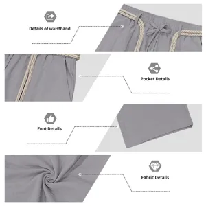 Vista detallada de pantalones casuales rectos de lino para hombre con cordón y bolsillos.