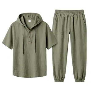 Men's Summer Casual Linen Hooded Short Sleeve Shirt and Long Pants Two Piece Set