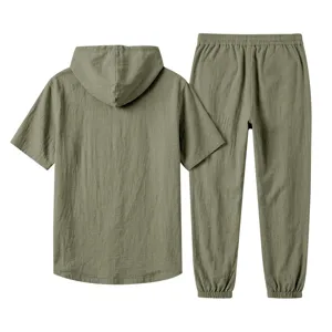 Mens casual linen hooded short sleeve top and matching long pants beach set for summer.