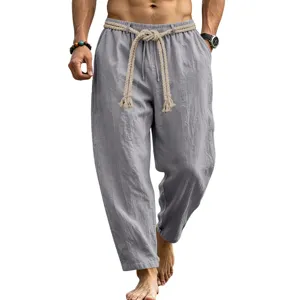 Pantalón casual de lino para hombre pierna recta vintage suelto algodón verano gris
