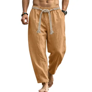 Pantalon casual vintage de hombre de algodón y lino transpirable verano con cordón