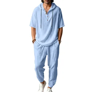 Men's casual linen hooded short sleeve shirt and pants set detail view for summer beach wear.