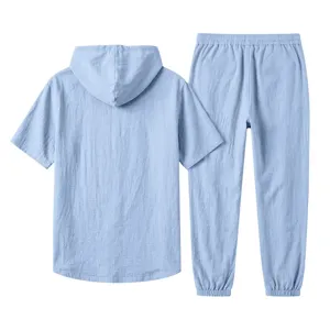 Men's casual linen hooded short sleeve shirt and pants set detail view for summer beach.