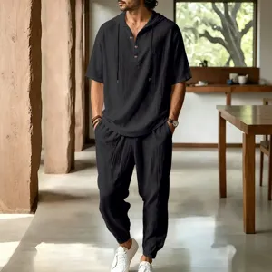 Mens casual summer linen hooded henley short sleeve shirt and long pants set beach wear