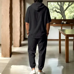 Men's casual loose linen hooded short sleeve top and pants set for summer vacation beach wear.