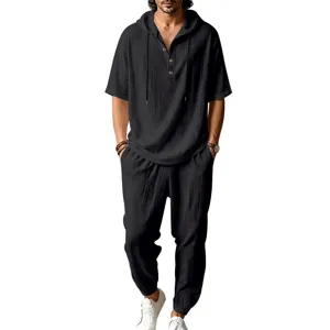 Men linen hooded henley short sleeve shirt pants set casual breathable beach outfit detail.