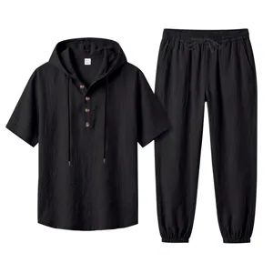 Detailed view of men's casual black linen hooded short sleeve shirt and trousers set.