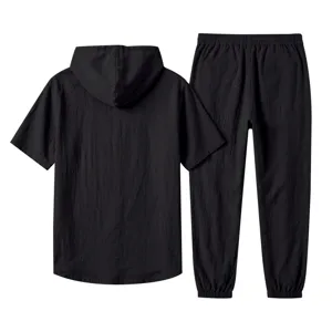 Detailed view of the black men's casual hooded short sleeve shirt and long pants set.