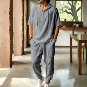 Men casual linen hooded short sleeve shirt and trousers set summer beach outfit grey