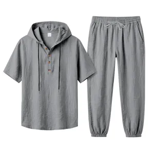 Men's casual gray linen hooded short sleeve shirt and long pants set summer beachwear.