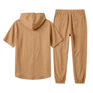 Men's casual summer linen hooded short sleeve shirt and long pants set beach vacation outfit.