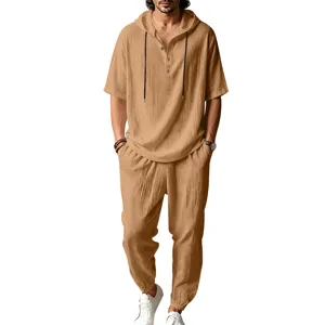 Casual linen hooded shirt and pants set detail view, breathable summer beach wear style.