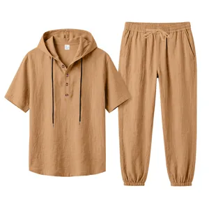Men casual summer hooded short sleeve henley shirt and long pants linen set detail view.