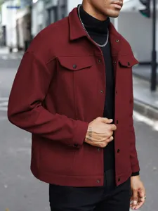 Mens casual wool blend jacket detail, lapel collar, button closure, autumn winter outerwear.