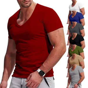 Men Deep V-Neck T-Shirt Slim Fit Short Sleeve Polyester Top Solid Color Casual Summer Breathable Sport Tee For Men