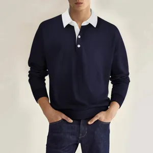 Men's long sleeve lapel button casual polo shirt knit top view, classic contrast collar style.