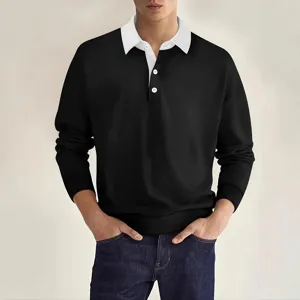 Men's long sleeve polo shirt casual top with contrast lapel collar and button closure design.