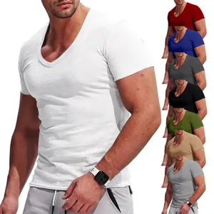 Men summer deep v-neck short sleeve slim fit casual solid color t-shirt for daily wear.