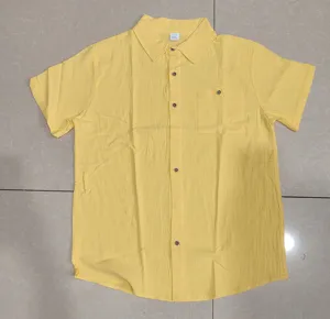 Men's yellow short-sleeve linen blend casual button-up shirt detail view for summer.