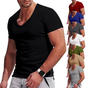 Men's deep V-neck slim fit short sleeve solid color T-shirt detail view with color options.