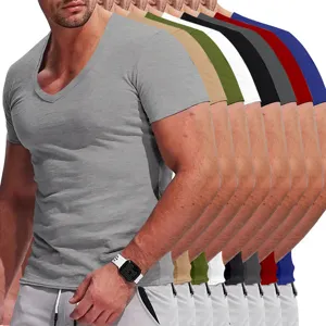 Men's casual slim fit deep V-neck short sleeve t-shirt in multiple solid colors, detail view.