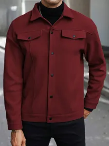Men's winter wool blend jacket detail, lapel button up coat with faux pockets, stylish outerwear.