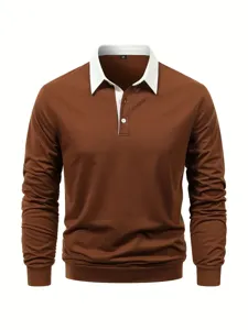 Men long sleeve polo shirt contrast white collar casual top pullover shirt comfortable wear