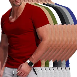 Mens casual deep V-neck short sleeve t-shirt detail showing slim fit solid color design.