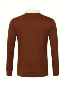 Back detail view of brown long sleeve polo shirt with white contrast collar design for men.