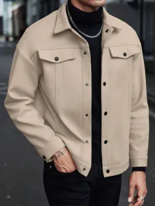 Detailed view of men's casual fleece jacket lapel collar snap buttons khaki winter outerwear