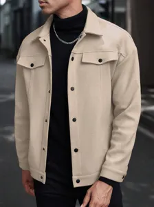 Men's casual beige fleece overshirt jacket with lapel and snap buttons for autumn winter.