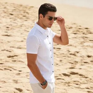 Men's casual white linen short sleeve shirt, perfect for summer beach and daily wear.