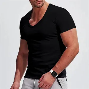 Men's casual deep V-neck short sleeve slim fit black t-shirt for summer daily wear.