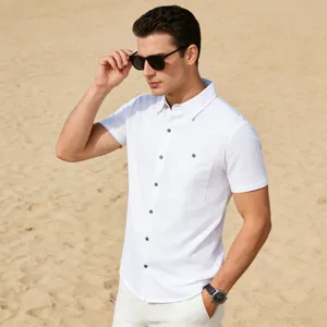 Detail view of men's short sleeve linen shirt on beach model background, casual summer wear.