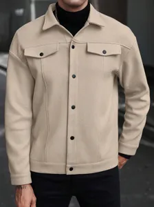 Men's casual fleece button-up jacket winter stylish outerwear with pockets beige top.