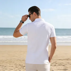 Men's casual short sleeve solid color shirt summer beach vacation detail view apparel.