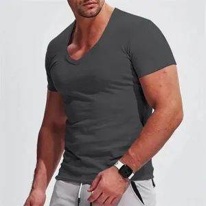 Detailed view of men's solid color deep V-neck short sleeve t-shirt in slim fit style.