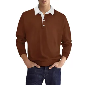 Men's long sleeve polo shirt with contrast white lapel collar and buttons casual top