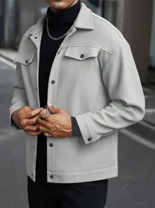 Men's casual grey woolen jacket with lapel collar and front button closure, detailed view.