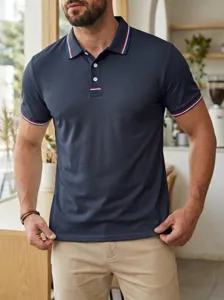 Men's casual short sleeve polo shirt, solid color lapel button design for daily wear.
