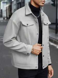 Men's light grey wool-blend jacket stylish casual outerwear with lapel and button closure.
