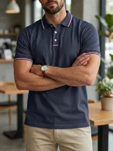 Men's casual short sleeve polo shirt collar and cuff striped detail close up view.