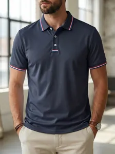 Men's casual short sleeve polo shirt with contrast stripe collar detail, comfortable and stylish.
