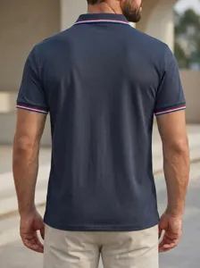 Men's casual navy blue polo shirt short sleeve contrast trim business daily wear t-shirt