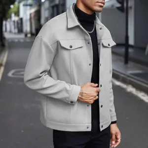 Men's casual wool blend jacket autumn winter lapel single breasted outerwear light grey